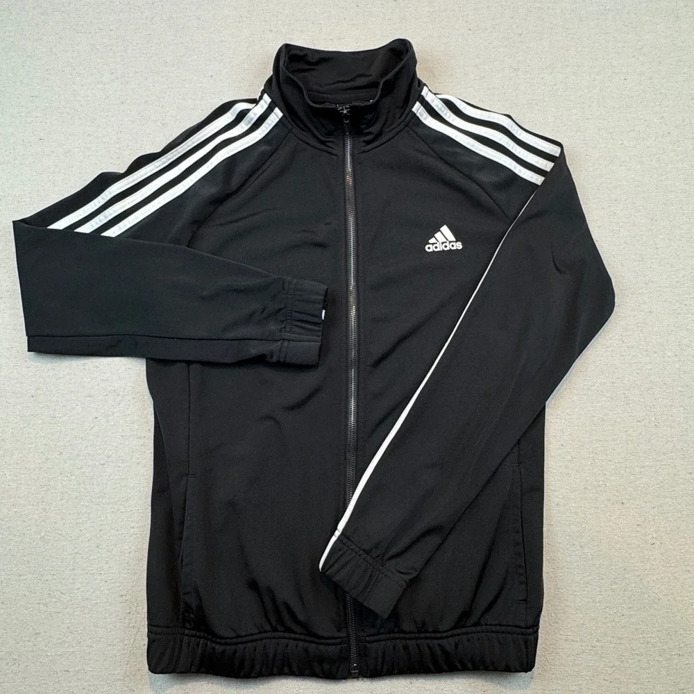 Adidas Mens Track Jacket Size Medium Black White 3-Stripe Full Zip Mock Neck